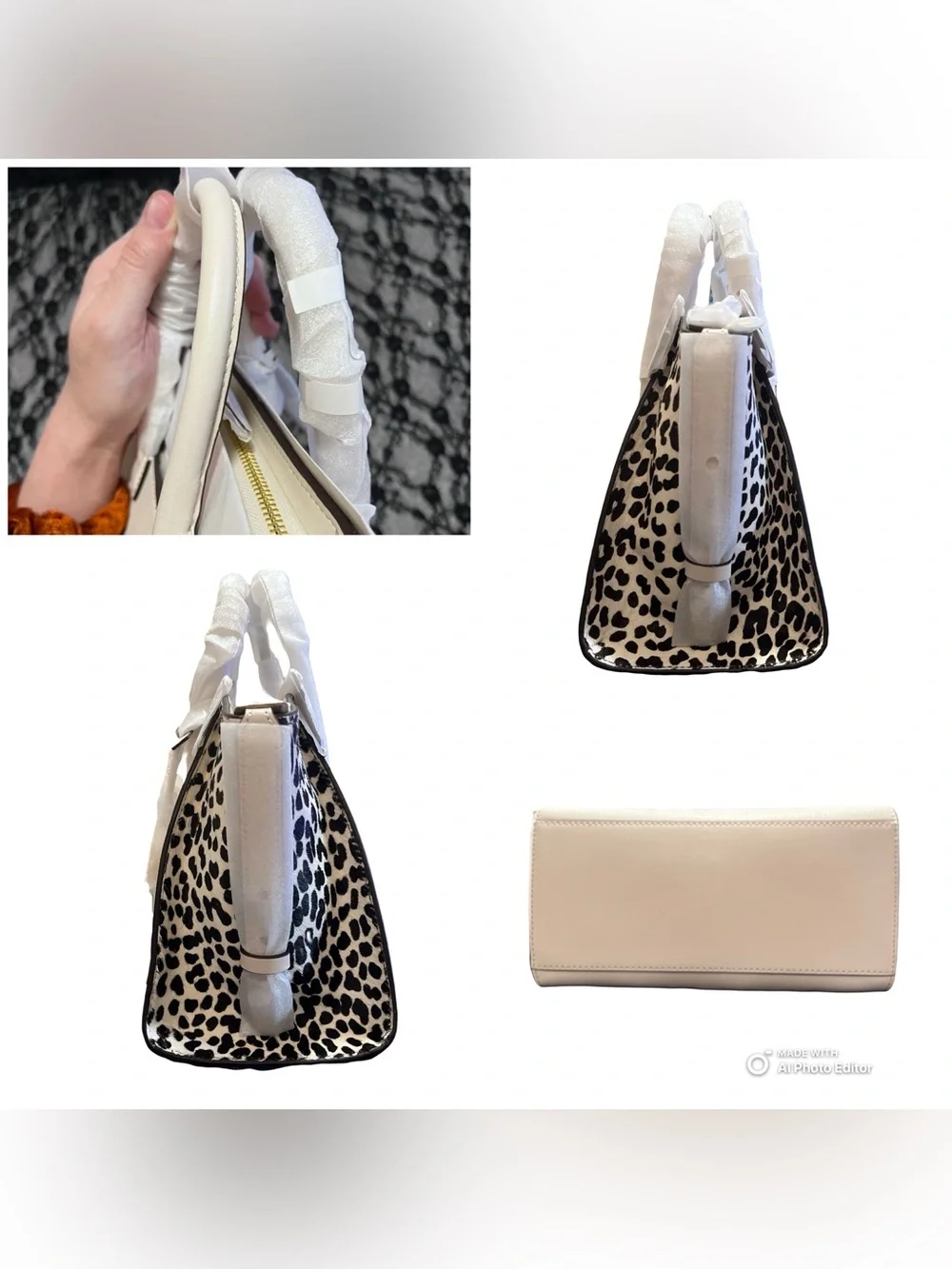 Michael Kors Avril Small Satchel Cream Leather Cheetah Calf Hair NWT Crossbody